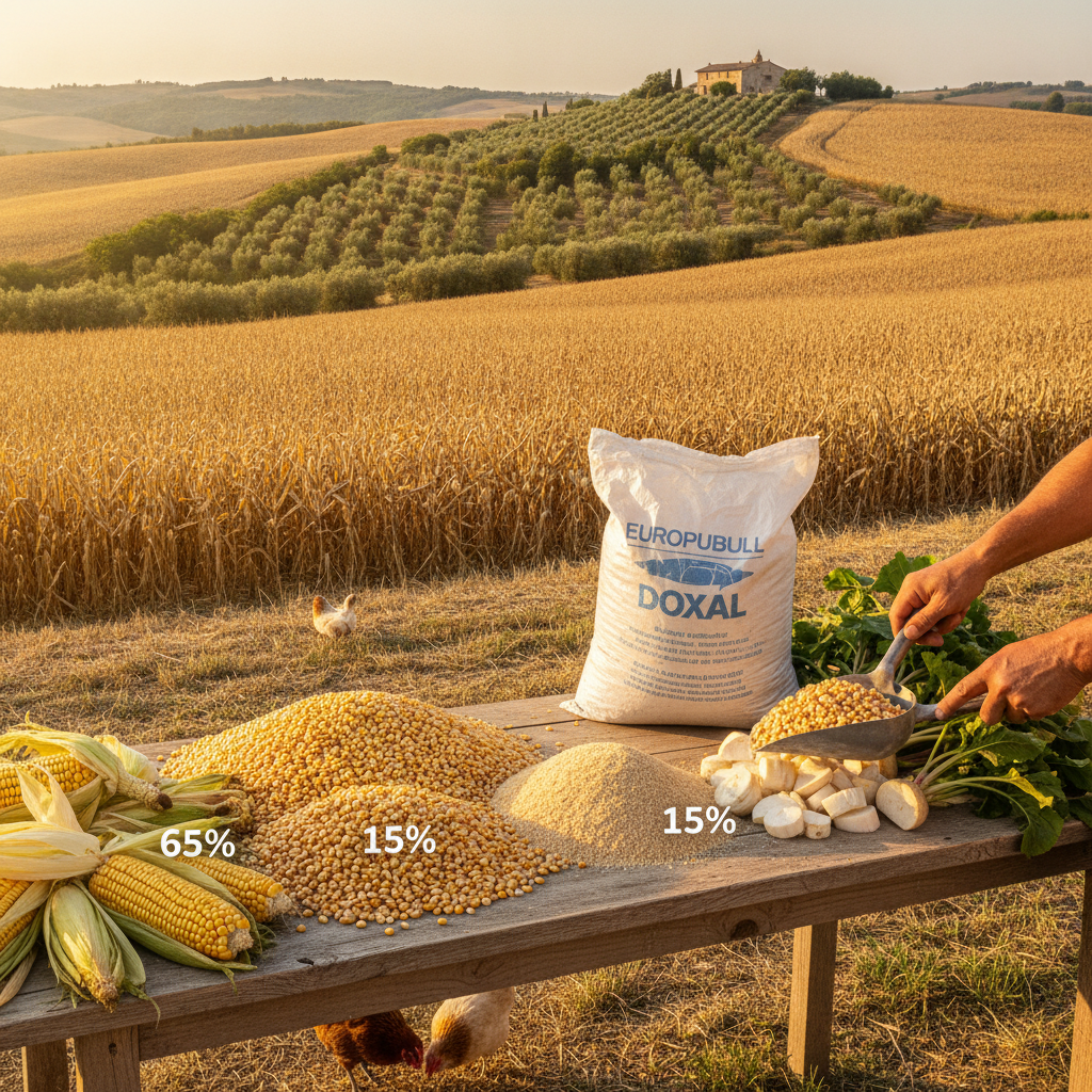 Razione aziendale fai-da-te: Mais 65%, Soia 15%, Bietola 15% con Europbull Doxal. Ottimizzazione estiva e costi